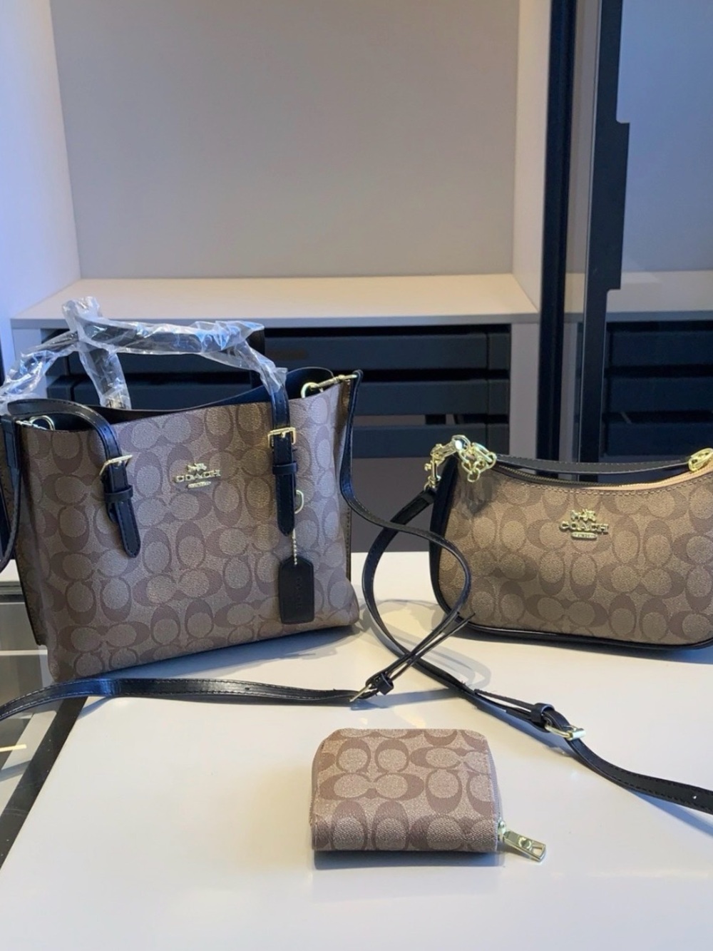 Coach Signature Canvas 3-Piece Set Tote, Shoulder Bag & Wallet Brown/Black NWT